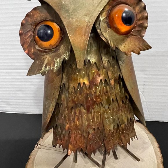 1970s Brutalist Owl Metal Sculpture Lucite Eyes